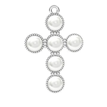 Cross pendant with 6 mm white Gavbari pearls*sterling silver*RH - White Rhodium Plated