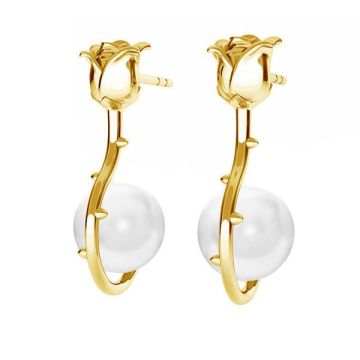 Pendientes rosa con perlas Gavbari blancas, plata de ley 925, KLS ODL-00192 15,5x24 mm ver.2*24K - Chapado en Oro - 0,4 µm