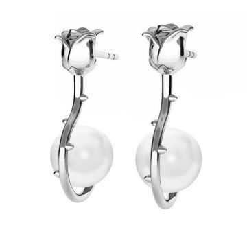 Pendientes rosa con perlas Gavbari blancas, plata de ley 925, KLS ODL-00192 15,5x24 mm ver.2*RH - Ba?o de Rodio Blanco