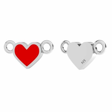 Heart pendant connector, red resin*sterling silver*RH - White Rhodium Plated